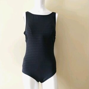 JETS Jessika Allen One Piece Swimsuit 10 Black Striped Pads Underwired Lined